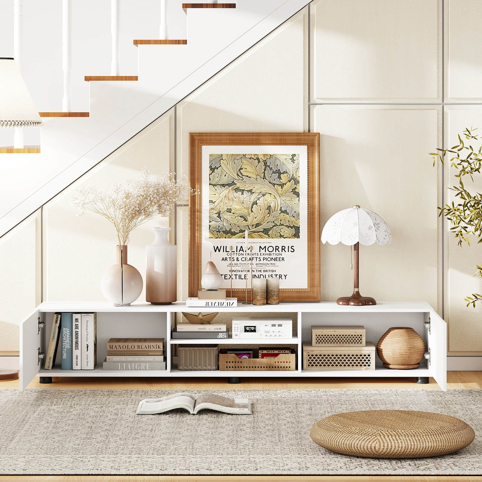 Costway TV Stand for up to 70” TVs, Media Console Table with Double Doors & Open Shelves White