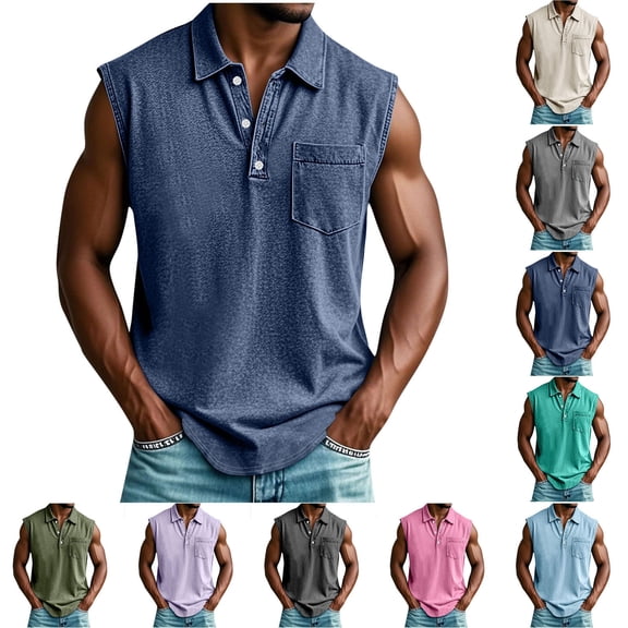 Goodtrade8 Athletic T-Shirts for Men Summer Button Tank Tops Sleeveless Solid Color Casual Lapel with Pocket T-Shirts for Men