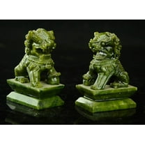 Rare Pair of 100% Chinese Natural Green Jade Hand  Statues fo Dogs and Lions