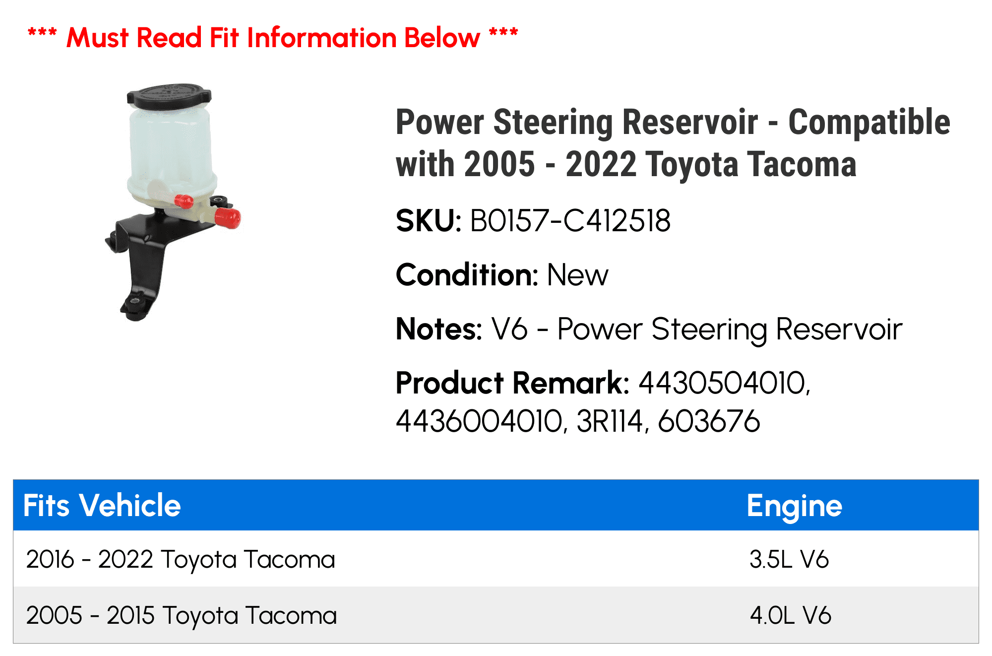 Power Steering Reservoir - Compatible with 2005 - 2022 Toyota Tacoma 2006 2007 2008 2009 2010 2011 2012 2013 2014 2015 2016 2017 2018 2019 2020 2021