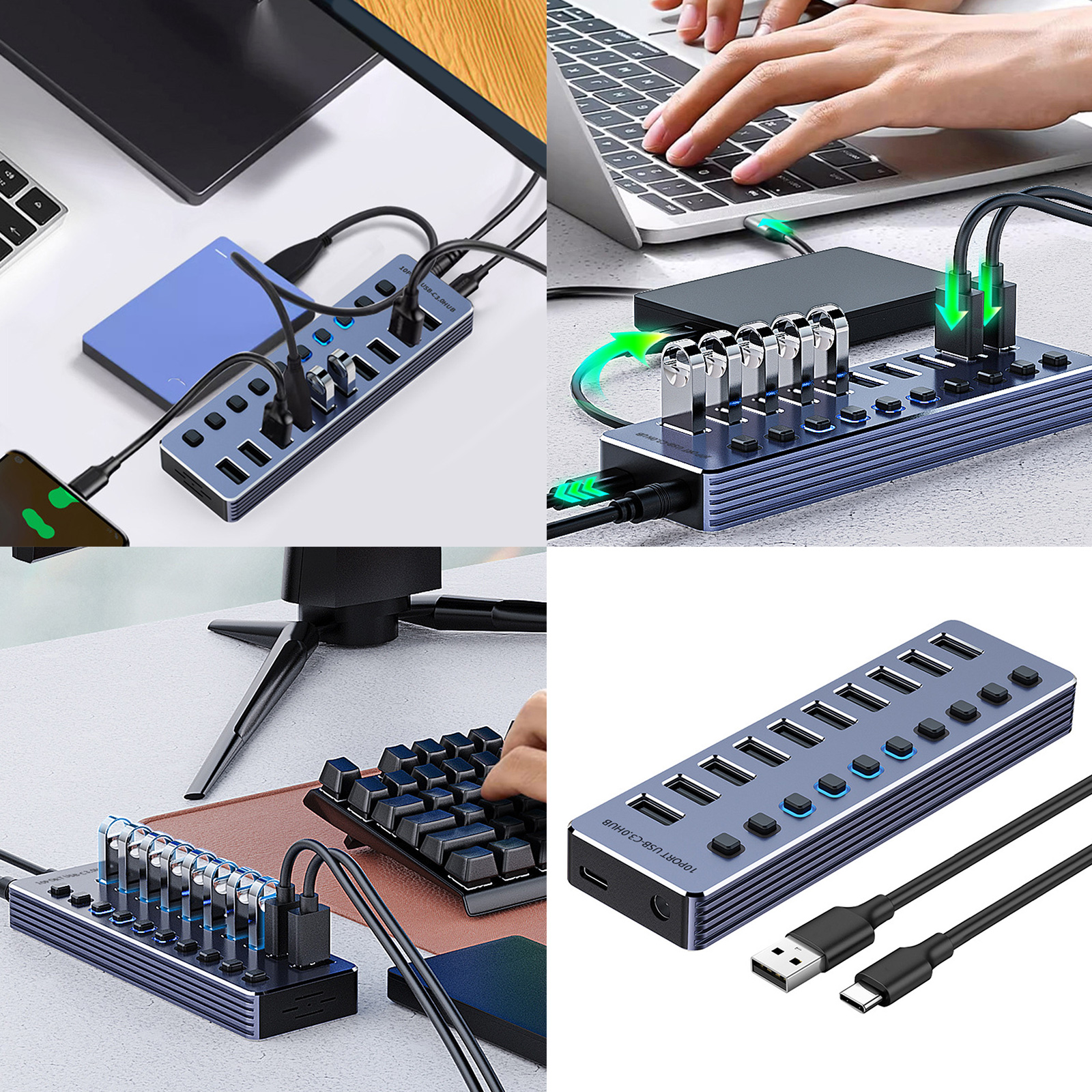 Aluminum USB3.0 Docking Station 4/7/10 Port Charging Adapter for Efficient Data Transfer and Power Management