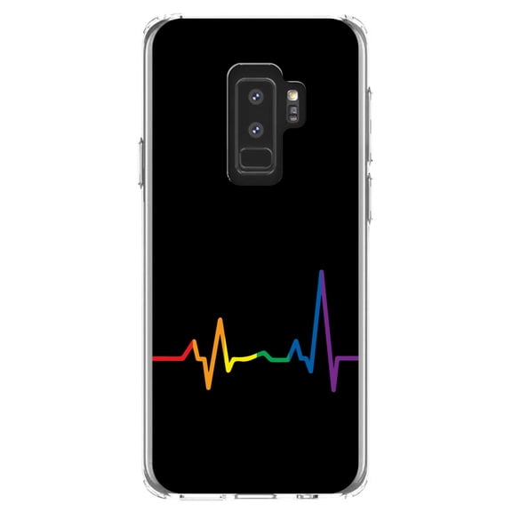 DistinctInk Clear Shockproof Hybrid Case for Samsung Galaxy S9  PLUS (6.2" Screen) - TPU Bumper, Acrylic Back, Tempered Glass Screen Protector - Rainbow Pulse Heart Beat - LGBTQ Support