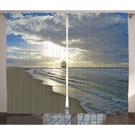 Nautica Drapes Nautical Decor Curtains 2 Panels Set, A Sailing Ship Sandy Beach in Moody Sunset Paradise Tropical Theme, Window Drapes for Living Room Bedroom, 108W X 84L Inches, Blue Beige White, by Ambesonne ()