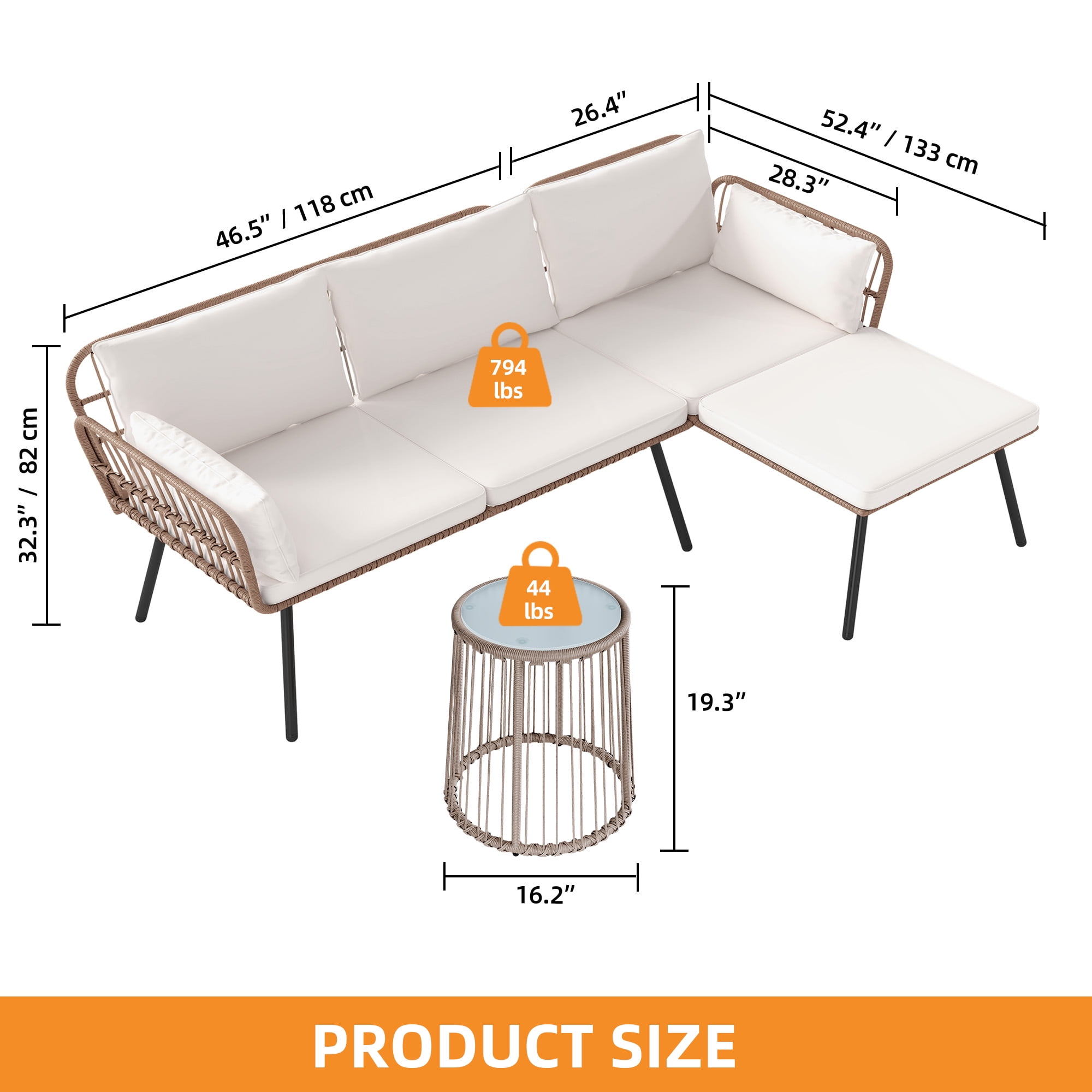 Craftian 3 Pieces Patio Furniture Set, Wicker Rattan Outdoor Conversation Set with Cushions and Side Table  - Beige
