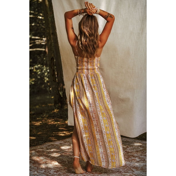 ABPHQTO Camiseta sin mangas larga con abertura frontal fruncida y estampado floral bohemio amarillo para mujer