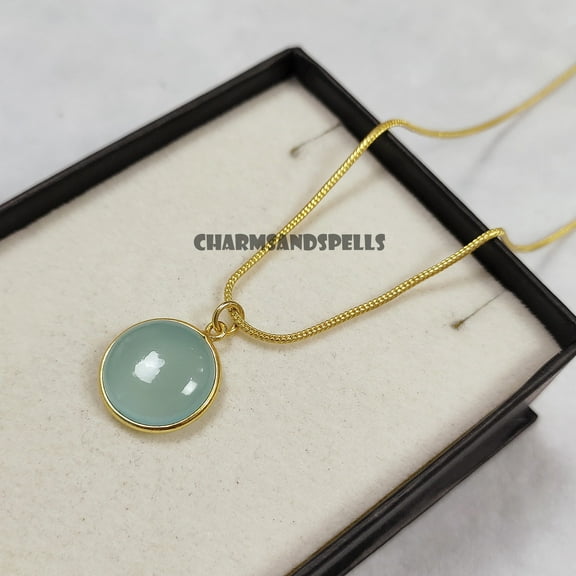 Aqua Chalcedony Pendant Necklace, Gemstone Pendant With Chain, Handmade Jewelry, Gift for Her, Women Jewelry, Round Stone Pendant