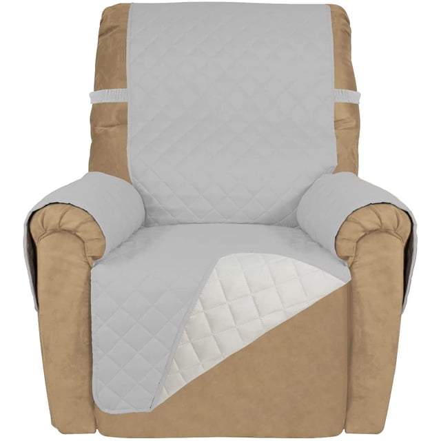 Housse de Sofa Inclinable Matelassée Réversible, Protège-Meubles Résistant à l'Eau, Housse de Canapé Lavable avec Sangles Élastiques pour Enfants, Chiens, Animaux (Fauteuil Inclinable, Gris Pâle/ivoire)