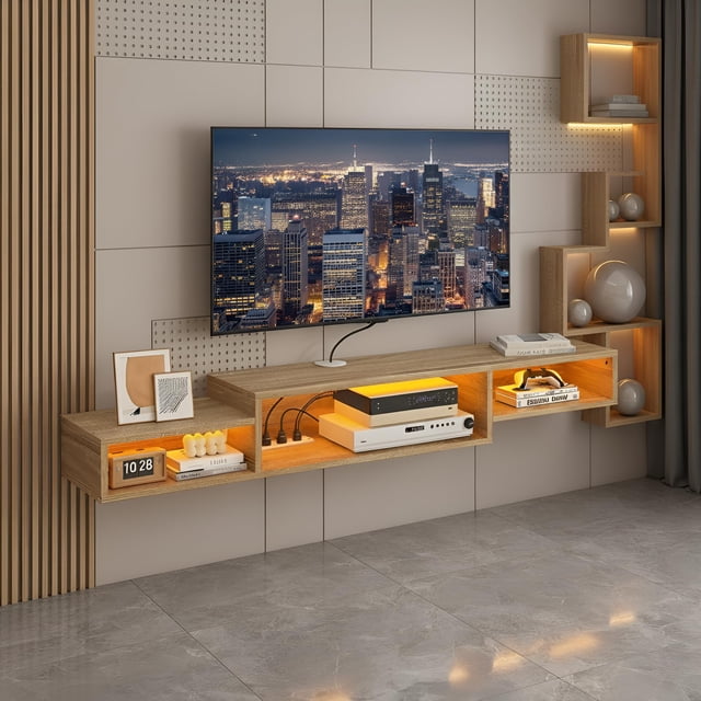 INICO Mueble Flotante para TV 70" con Luces LED, Repisas Flotantes de Pared para TV con Toma de Corriente, Sencillo y Ahorra Espacio Debajo para Salón, Dormitorio, Roble Blanco