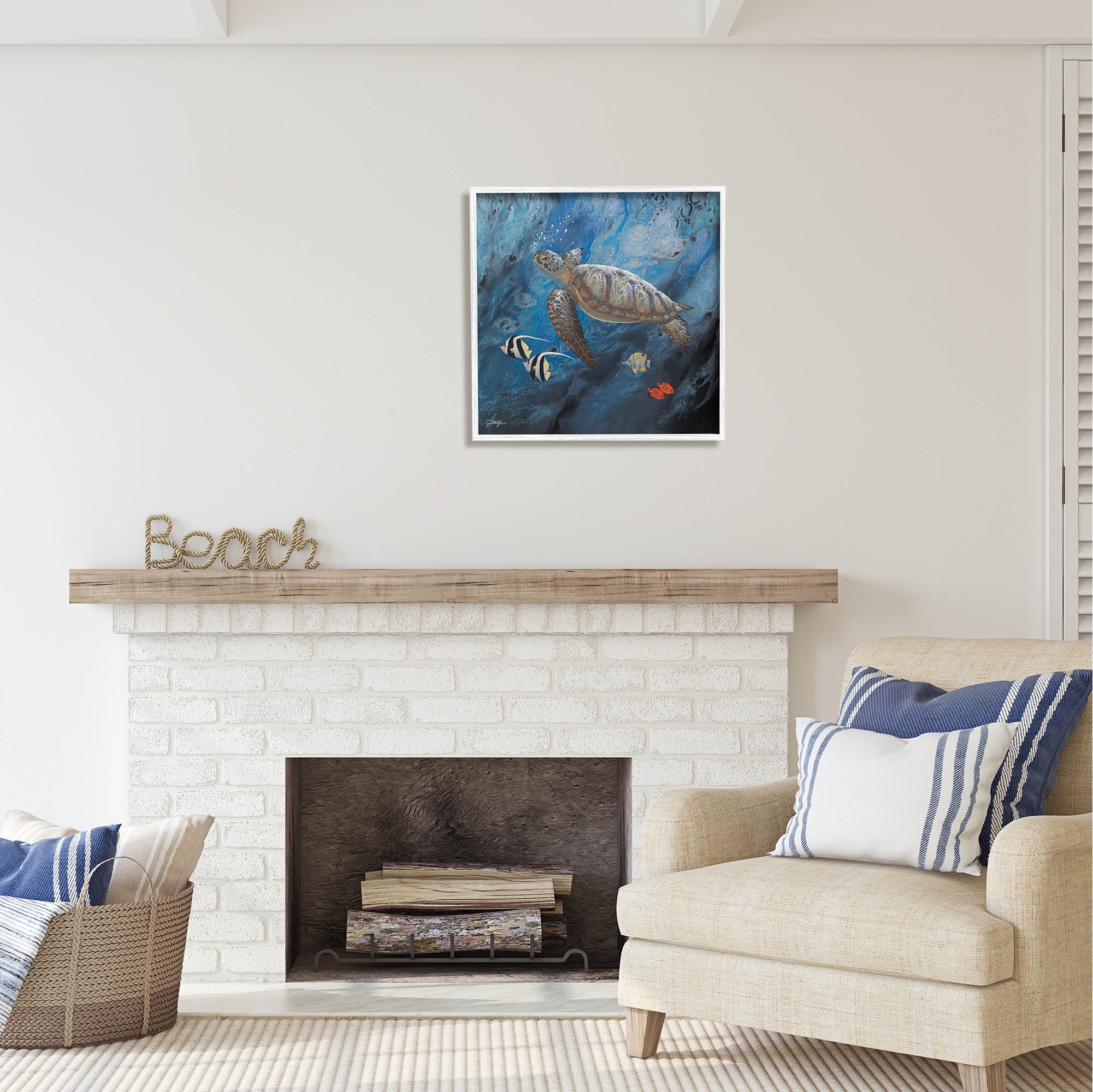 Stupell Industries Turtle Sea Life Underwater Ripples Coastal Painting White Framed Art Print Wall Art