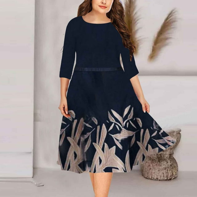 Fankiway Liquidation Robes à Manches Longues Femme Mode Tempérament Manches Imprimées Col Rond Grande Taille Robes Femmes Grande Taille Liquidation