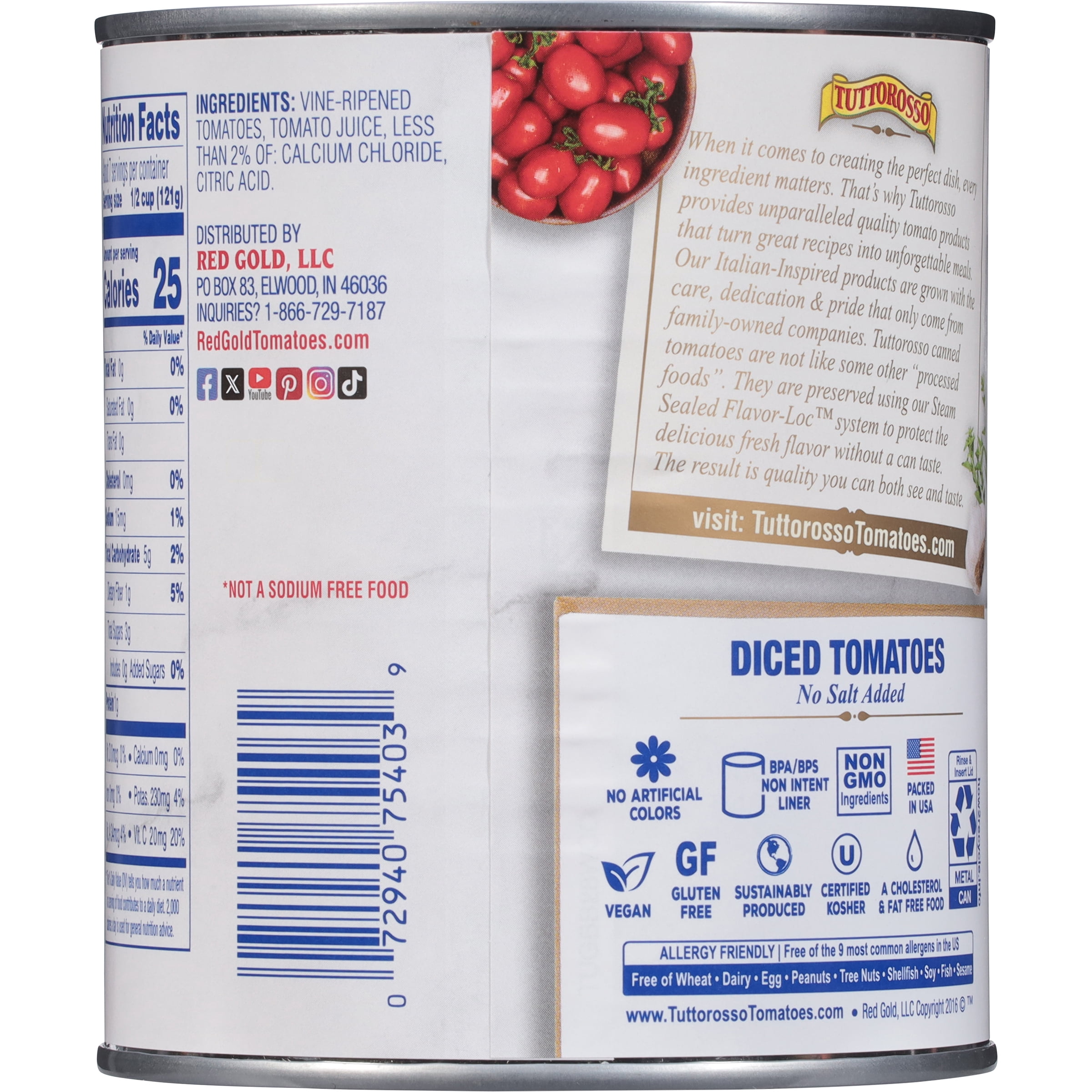 (4 pack) Tuttorosso No Salt Added Diced Tomatoes, 28 oz Can