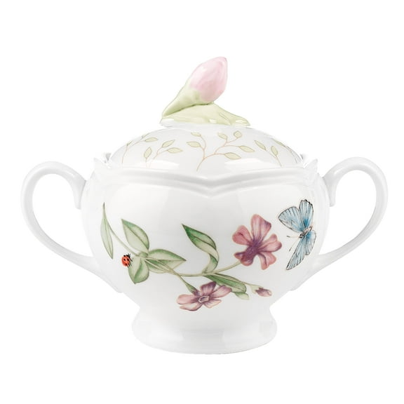 Lenox Butterfly Meadow Double Handled Sugar Bowl with Lid, White -