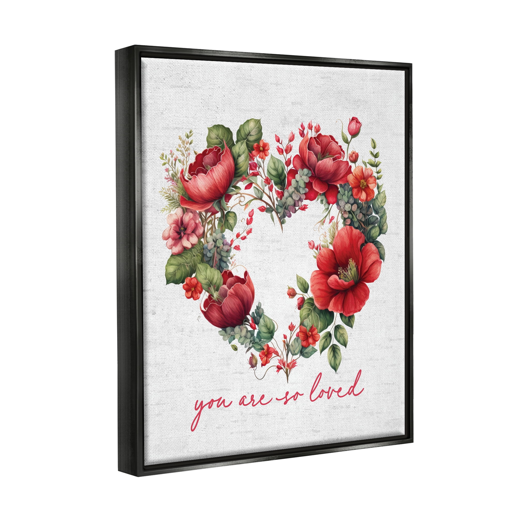 Stupell Industries Valentine's Heart Shaped Wreath Botanical & Floral Painting Black Floater Framed Canvas Art Print Wall Art, 25 x 31
