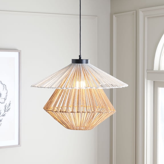 Safavieh Gaia 23" Modern Raffia and Iron Pendant Lights, White/Beige
