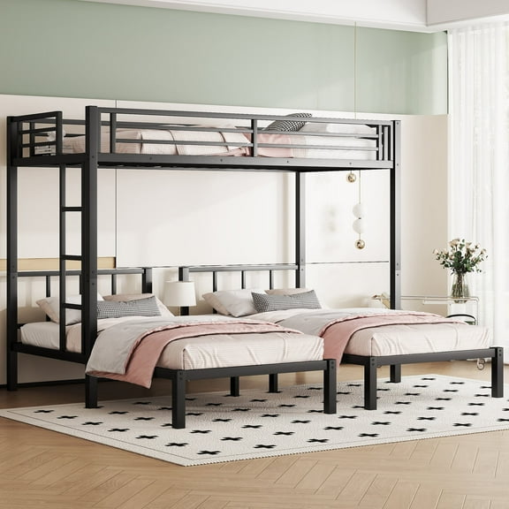 [Luckynote]Twin over Twin & Twin Bunk Beds for 3, Twin XL over Twin & Twin Bunk Bed Metal Triple Bunk Bed, Black
