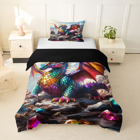 Homewish Wild Dragon Twin Duvet Cover,Magical Animal Twin Bedding,Gray,Black Reversible,2-Piece,1 Duvet Cover and 1 Pillowcase