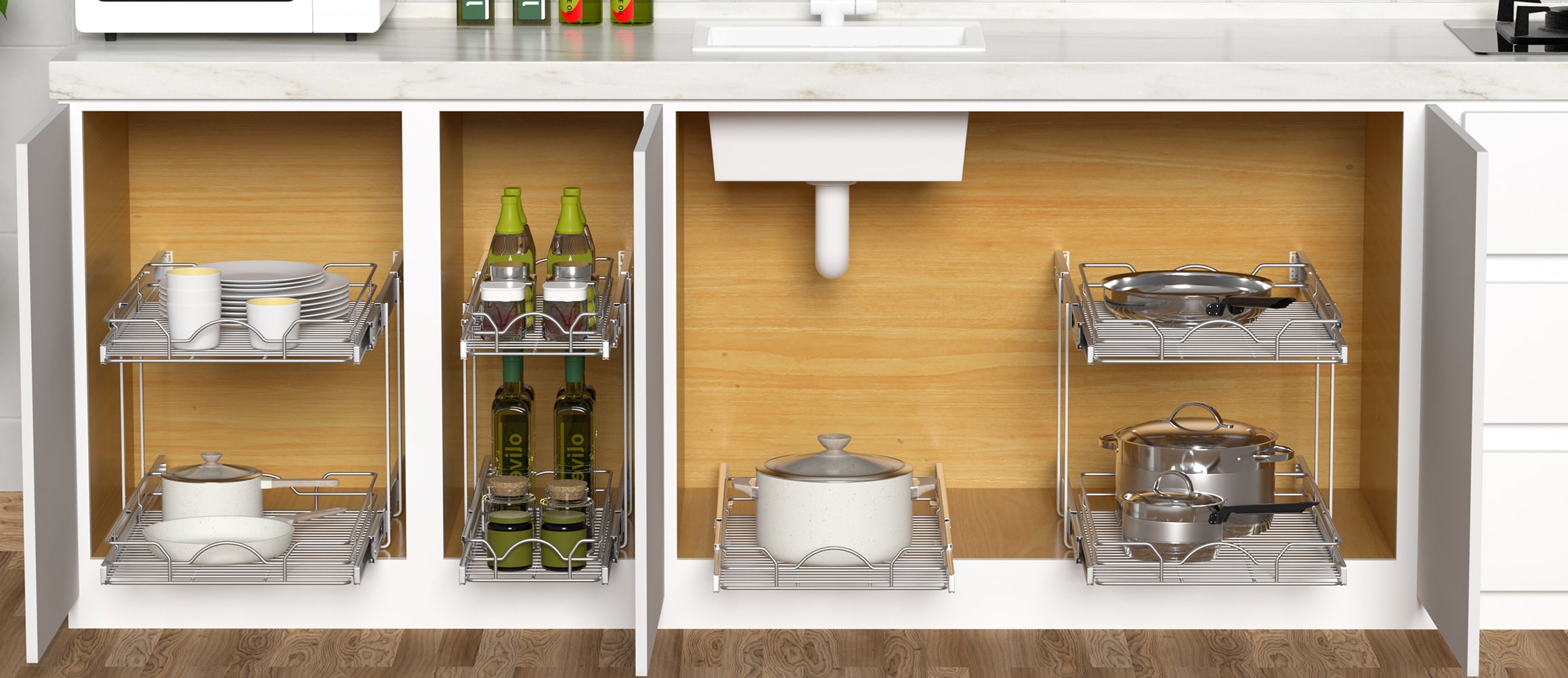 OCG 2-Tier Pull Out Cabinet Organizer (21.5"W x 18"D) Pull Out Shelf in Kitchen Bathroom Pantry