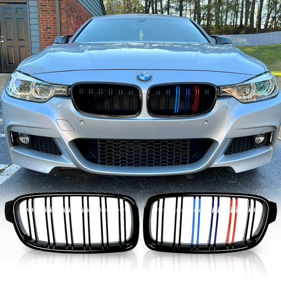Astra Depot Dual Slats Front Kidney Grill Grille for 2012-2018 BMW F30 328i 335i 4-Doors Sedan (Gloss Black M-Color, 1 Pair)