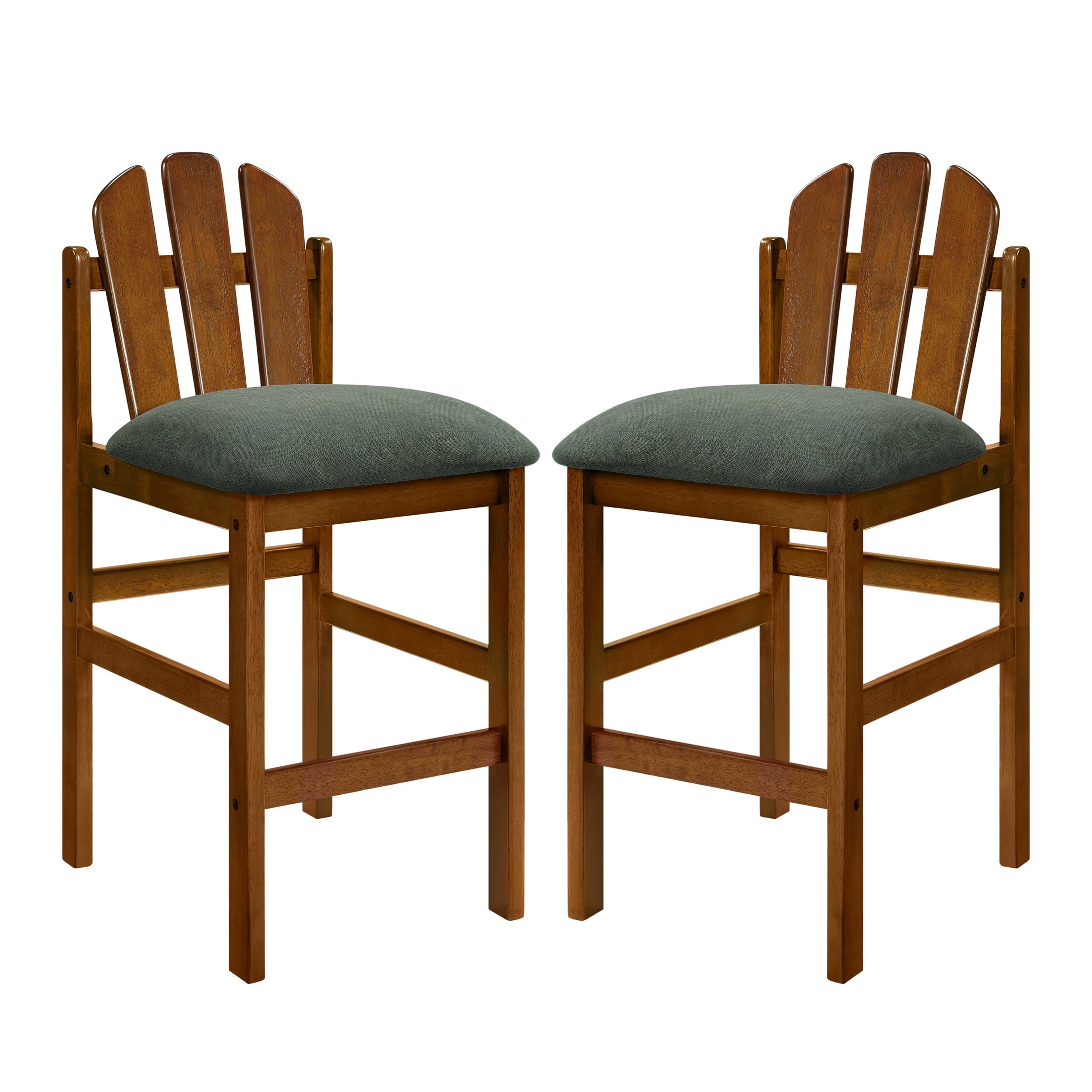 Christopher Knight Home Mid-Century Wood Counter Stools with Upholstered Seat, Walnut+Green, Set of 2