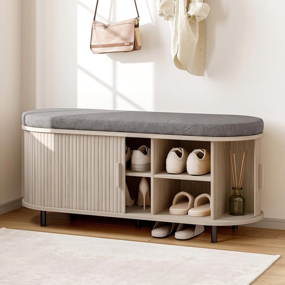 43" Shoe Bench with Storage, Fluted Shoe Storage Bench with Cushion, Sliding Door and Adjustable Shelf, for Entryway, Hallway, Living Room, Natural White