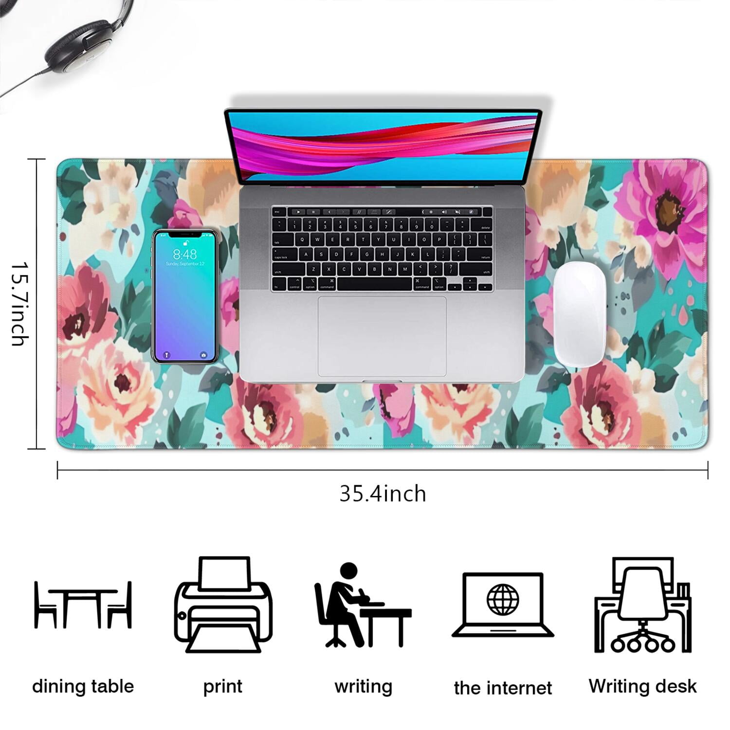 Long Mouse Pads for Desk,Pioneer Flower Floral Print Pattern Desk Mats on Top Of Desks, Desk Mouse Pad Extra Large with 3mm Non-Slip Base and Stitched Edge for Gaming,Office,Work,Home 35.4"x15.7"
