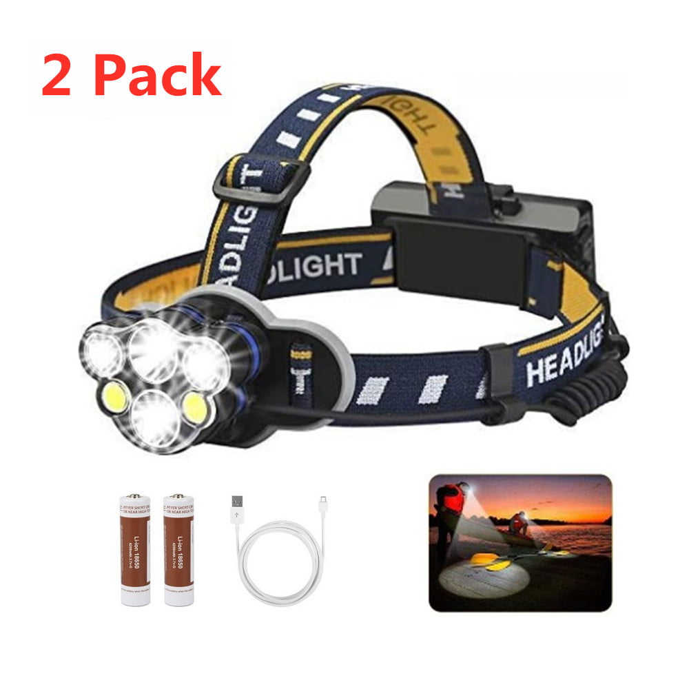 2 Pack Rechargeable LED Headlamp Flashlight, 6 LED Headlight Flashlight 8  Modes with USB Cable 2 Batteries, Waterproof LED Head Torch Head Lamp with  