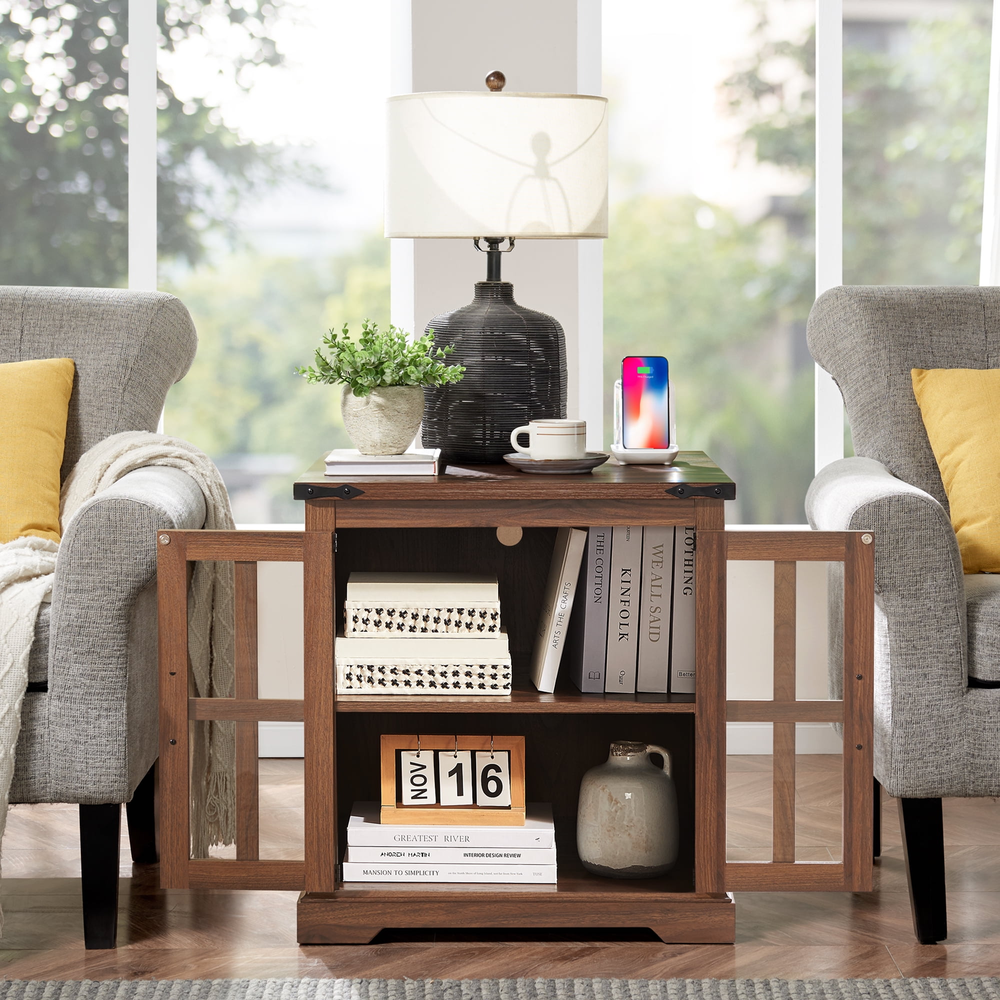 RUSTOWN Farmhouse Nightstand with Adjustable Shelf, Walnut