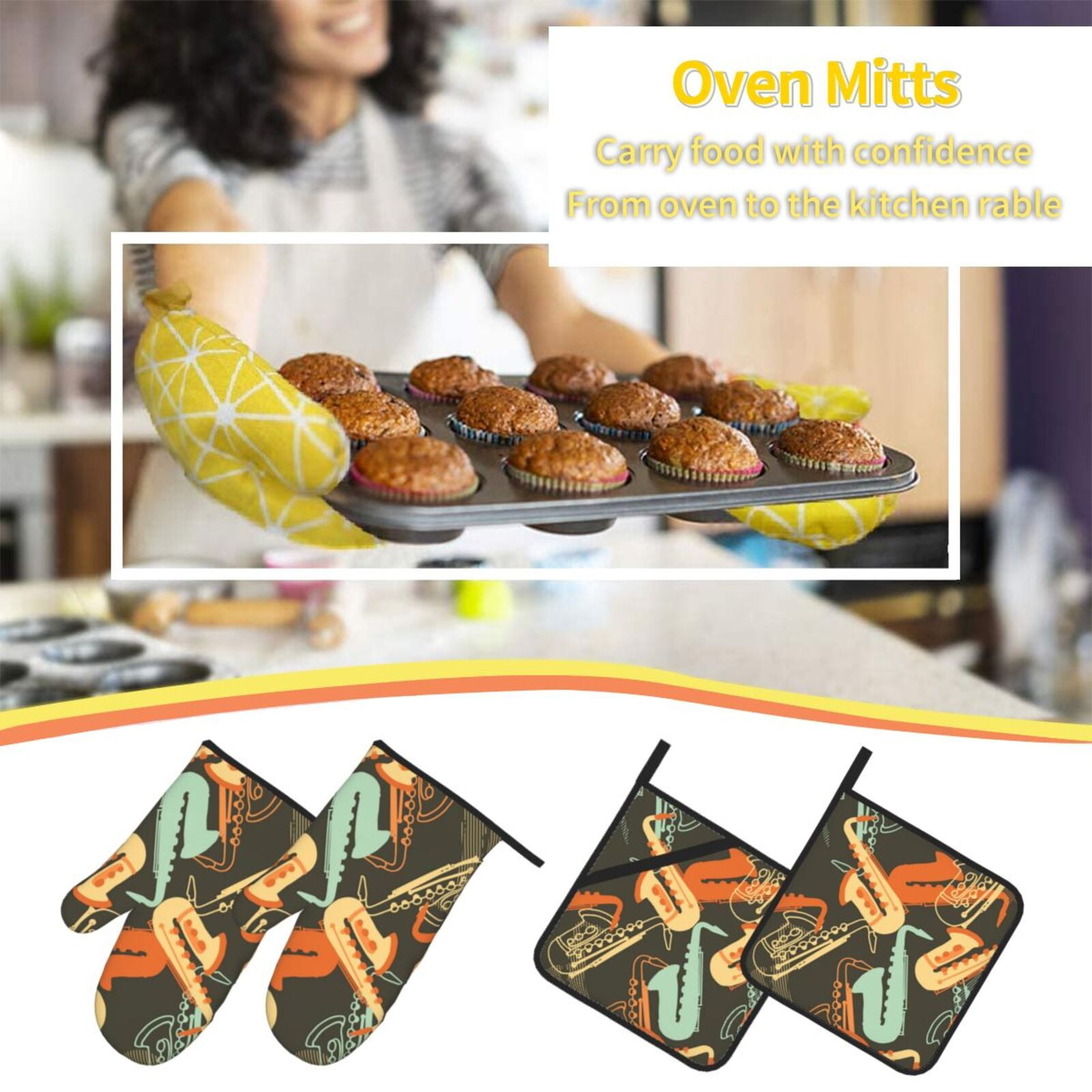 Sax Musical Party Art Retro 4Pcs Oven Mitts and Pot Holders Sets Oven Kitchen Gloves Hot Pads for Cooking BBQ Baking Grilling