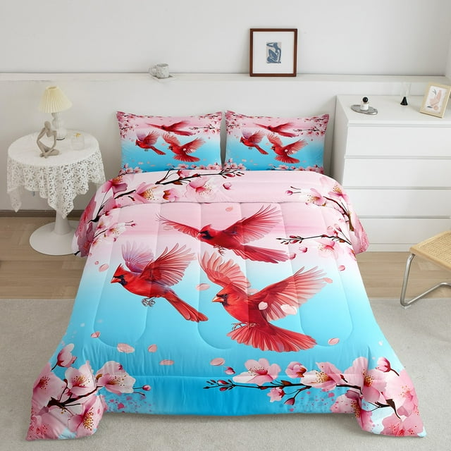 Ensemble de Douillette Cardinal Oiseaux Rouges Animal Ensemble de Literie Grand pour Garçons, Courtepointe Fleur de Cerisier Pastel Rose Sarcelle Japon Housse de Couette, Fleurs Japonaises Déco de Chambre Kawaii