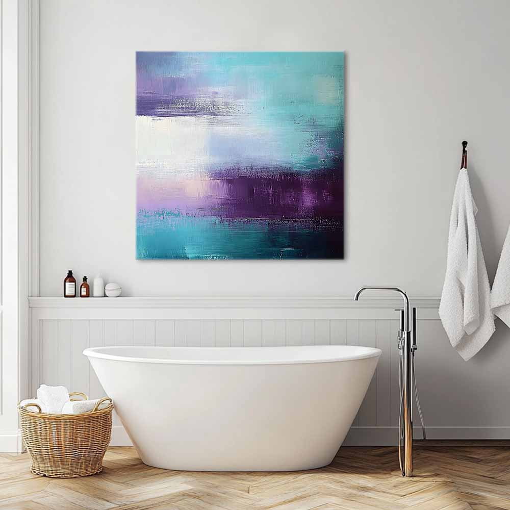 Purple Teal Canvas Wall Art, Mottled Graffiti Color Block Abstract Geometric Framed Wall Decor Modern Artwork Prints Painting for Living Room, Bedroom, Kitchen & Cafe Decor 16x16 Inch