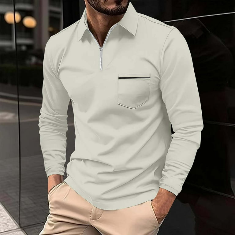 DLfVUB Pullover Shirts for Men Turndown Collar Zipper Pocket Long Sleeve Polo Shirt Blouse Tops Casual Solid Relaxed Fit Breathable T Shirts Gray XXXL Walmart