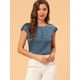 thumbnail image 3 of Blusa sedosa para mujer, cuello redondo, plisado, informal, elegante, superior Azul S, 3 of 6