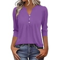 thumbnail image 2 of ClodeEU Womens Henley V-Neck 3/4 Length Sleeve Tops,Casual Summer Pleated T-Shirts ,Loose Fit Work Blouses Purple,Womens Plus S, 2 of 5