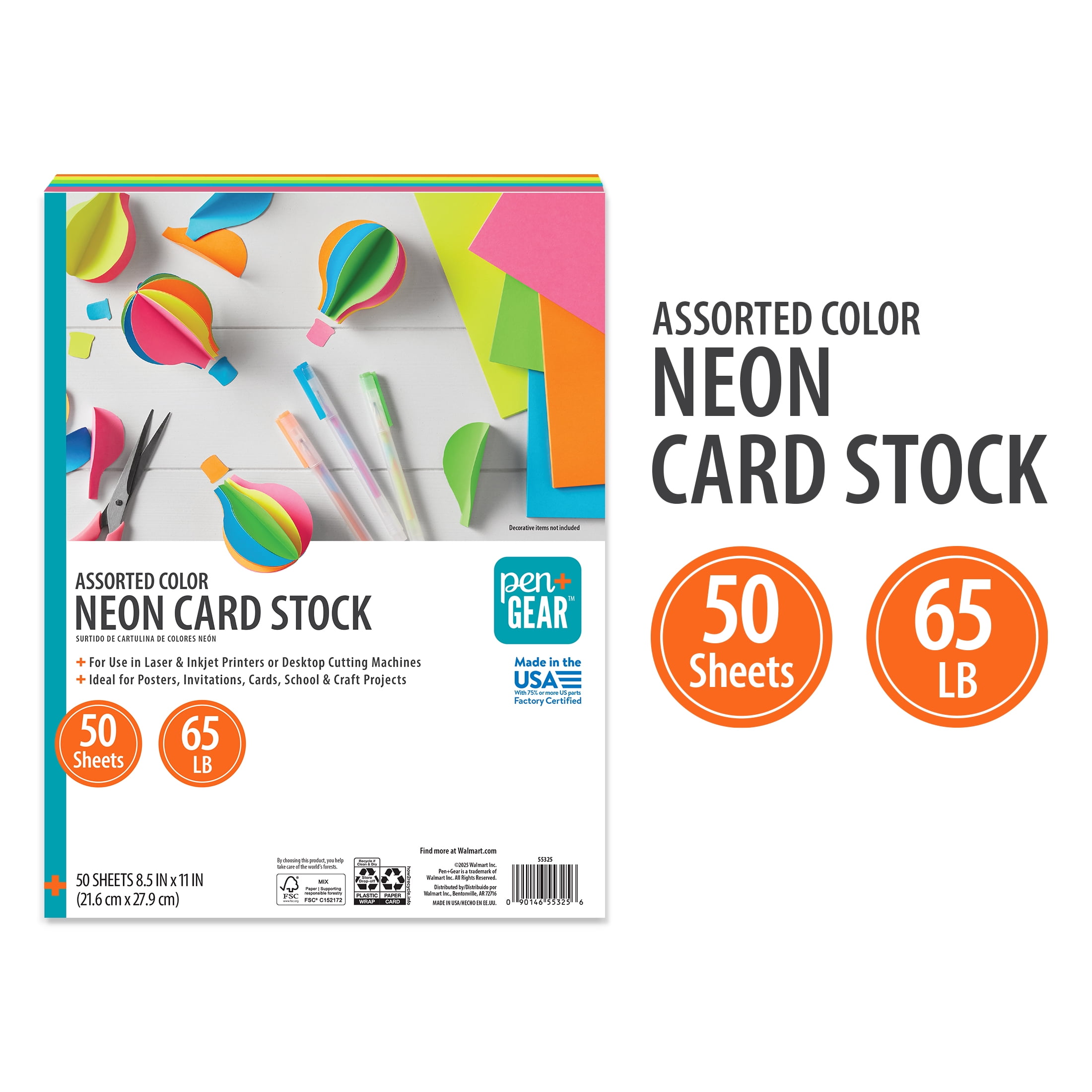 Pen+Gear Assorted Neon Card Stock, 8.5" x 11", 65 lb, 50 Sheets