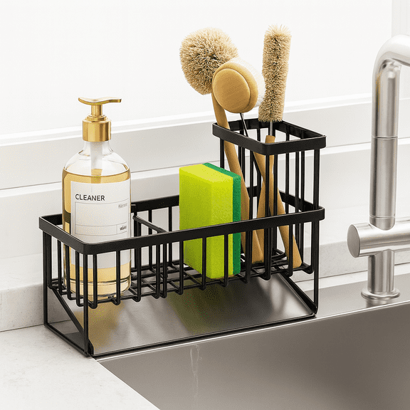 Sink Caddy with Removable Dishcloth Holder, Stainless Steel Black Kitchen Sink Organizer, Self-draining Sponge & Soap Holder, Sink Storage Rack for Kitchen Cleaning Supplies