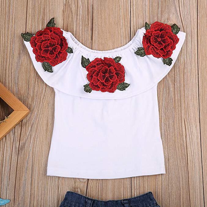 Infant Baby Girls Off Shoulder Flower Rose Striped Top+Short Outfit Set H4