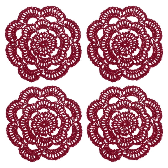 UXcell 4 Pcs Crochet Handmade Cotton Placemats, 6.3" Round Lace Doilies Coaster, Lace Gimp Tray Coasters for Crafts, Daily Kitchen Use, Tea Cup, Festivals, Home Decoration, Burgundy
