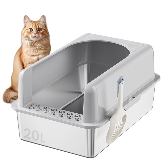 Arenero para gato grande 20 L XXL inoxidable caja de arena bordes altos abierto superior no pegajosa fácil limpiar con palas grandes felinos multigato