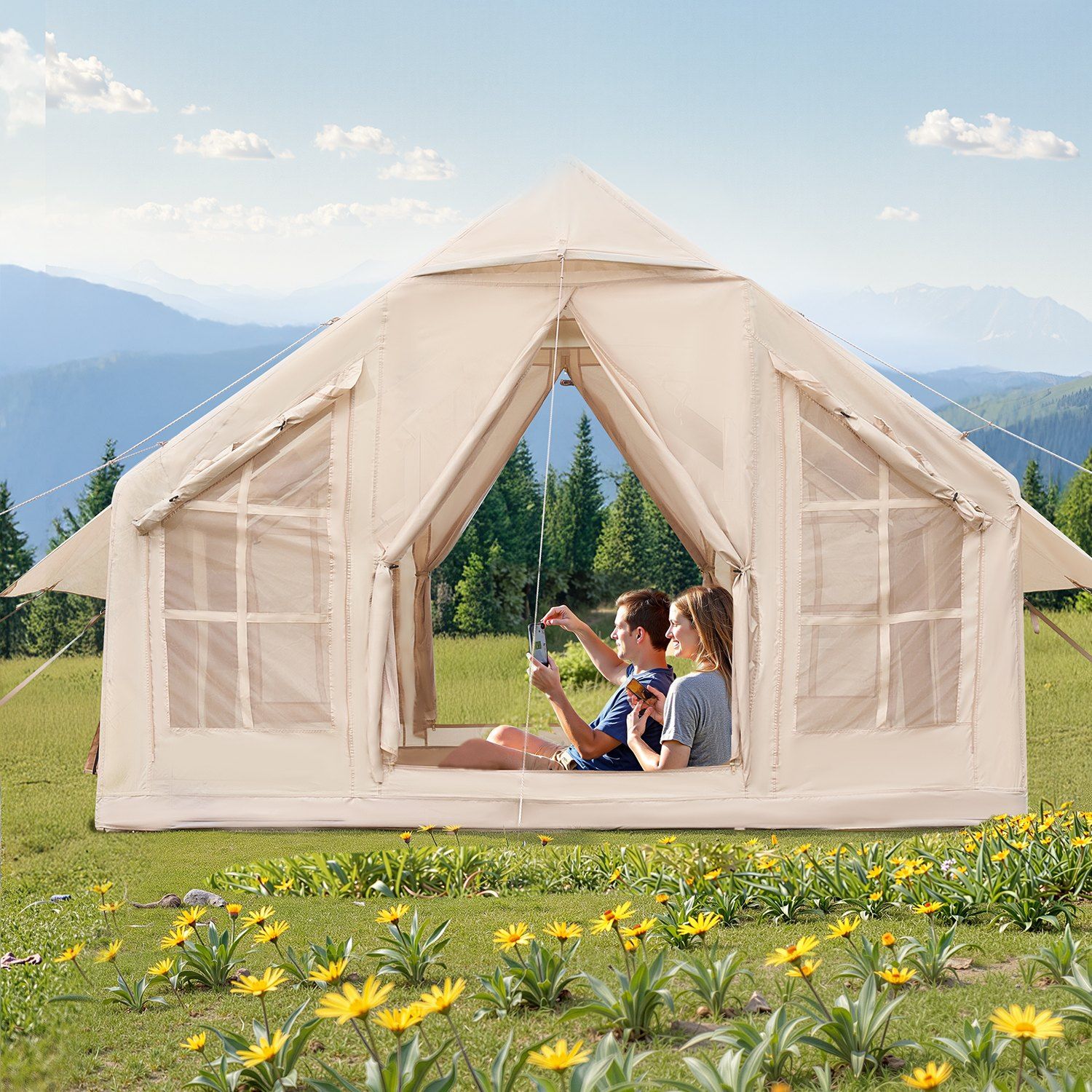 Inflatable Camping Tent with Pump for 4-6 People, 97 SQ.FT Spacious Glamping Tent with Stove Jack, Waterproof Oxford Fabric, Easy 10 Min Setup, Portable Blow Up Air Tent for All Seasons