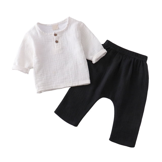 Girls Spring Outfits Solid Pullover Long Sleeve Linen Nine Inch Pants Crewneck Baby Boy Clothes Black 5-6 Years