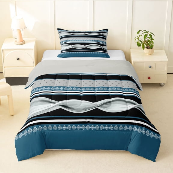 Homewish Vintage Spiral Lines Twin Comforter Sets,Retro Geometric Bedding Set,Light Gray Reversible,2-Piece,1 Comforter and 1 Pillowcase