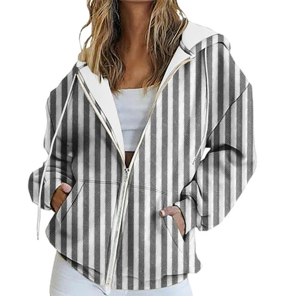 Women's Vertical Stripe Print Zip Up Hoodie, Fashion Drawstring Hooded Long Sleeve Sweatshirt for Spring Autumn Wear, Beach Casual Outings, Street Style and All Season Daily Comfort BK1 L