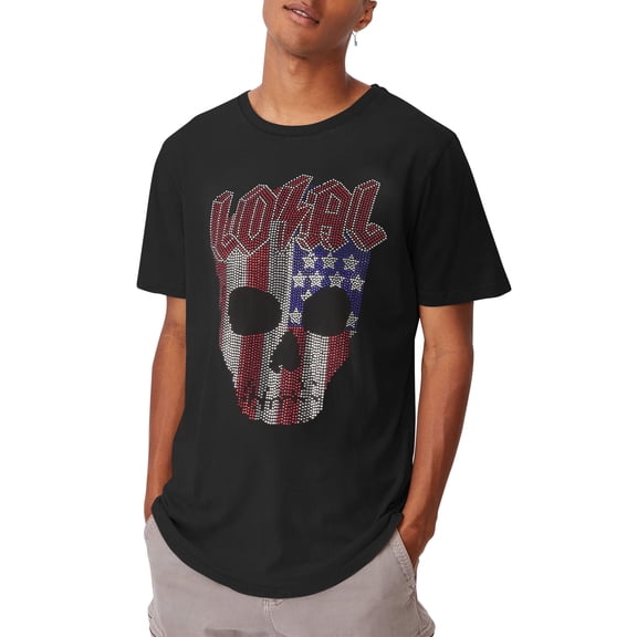 Ma Croix Mens American Flag Skull Sequin Rhinestone Embedded Short Sleeve T Shirt