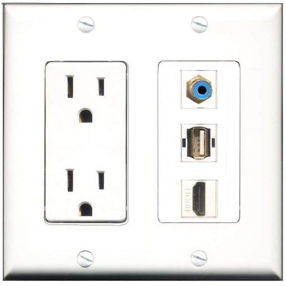 RiteAV - 15 Amp Power Outlet 1 Port HDMI 1 Port RCA Blue 1 Port USB A-A Decorative Wall Plate