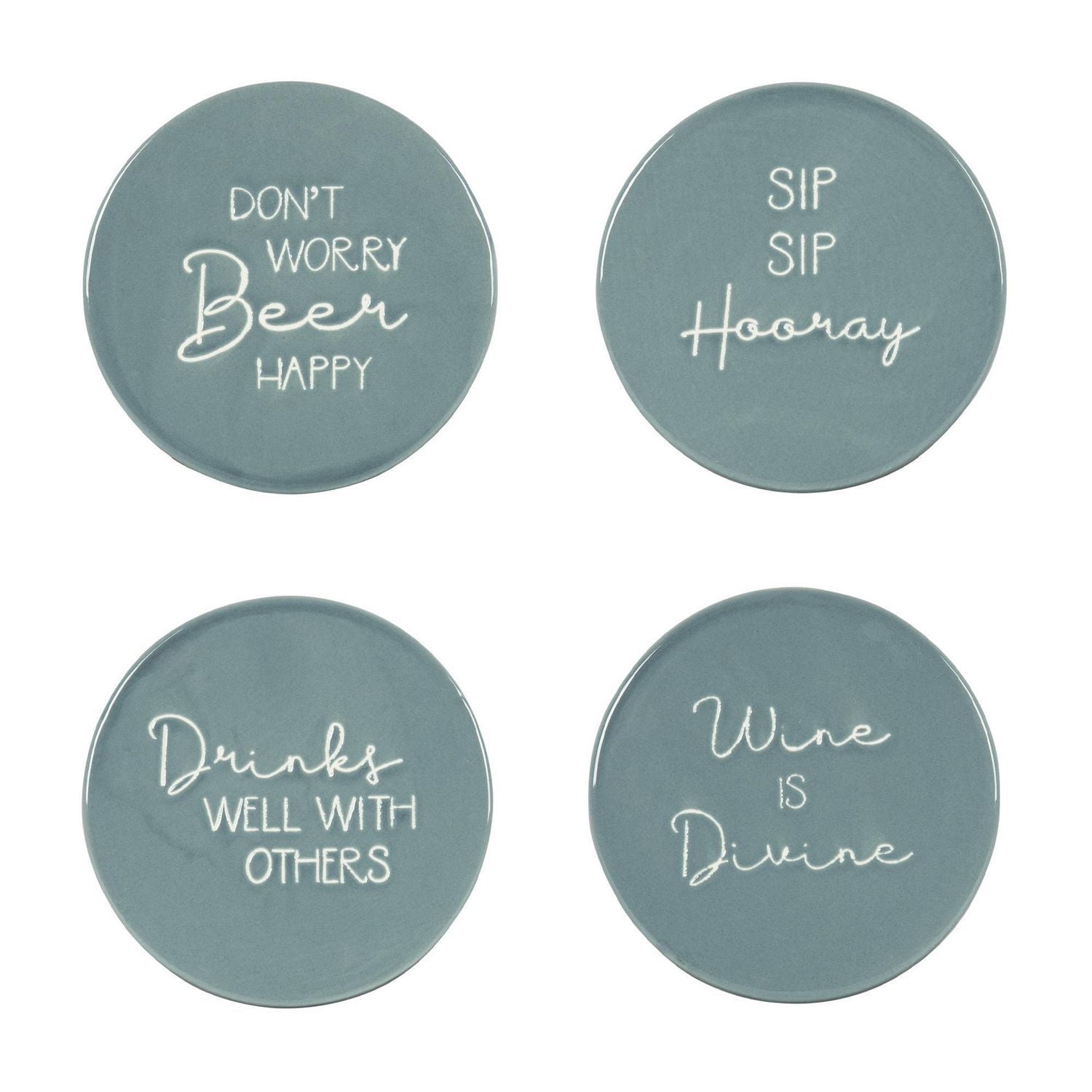 Linden Porcelain 4 Piece Coaster Set with Blue Finish, Assorted Sayings