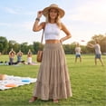 thumbnail image 5 of Womens Elegant Flowy Maxi Skirt Pleated Tiered Cotton Linen A-Line Elastic Waist Midi Skirt, 5 of 8