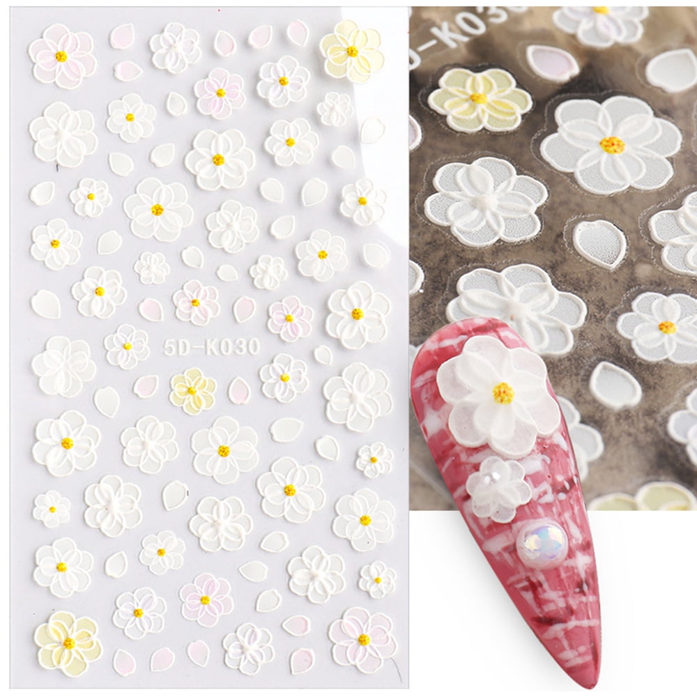 Flower Nail Art Sticker Decals 5D Exquisite Hollow Pattern Nail Art Supplies Self-Adhesive Embossed Nail Art Decoration White Feather Lace Flower Leaf Design DIY Acrylic Nail Art 3 Sheet