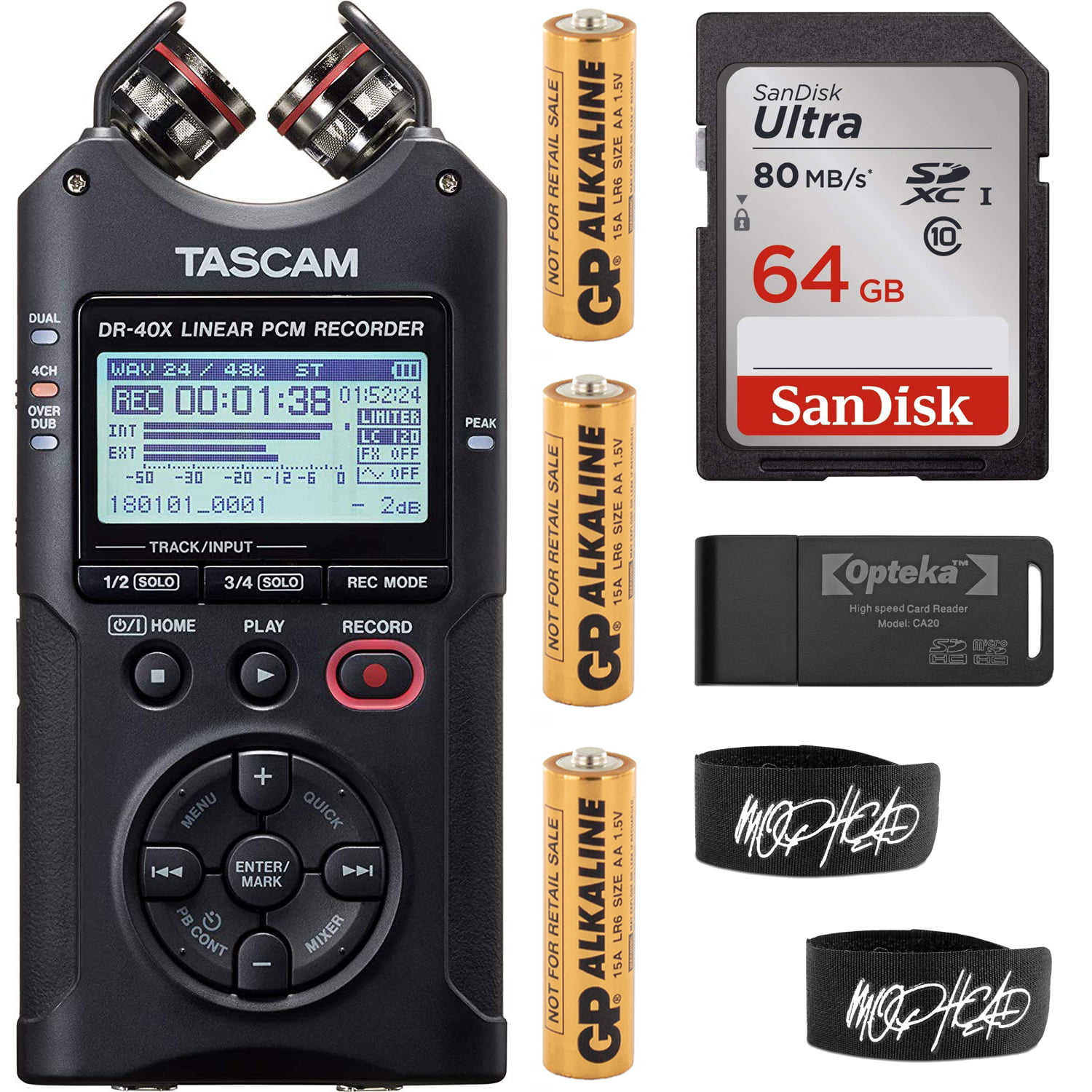 2 Items Tascam DR-40X Four-Track USB Audio Interface with 64GB Memory Card and Recording Accessory Bundle 