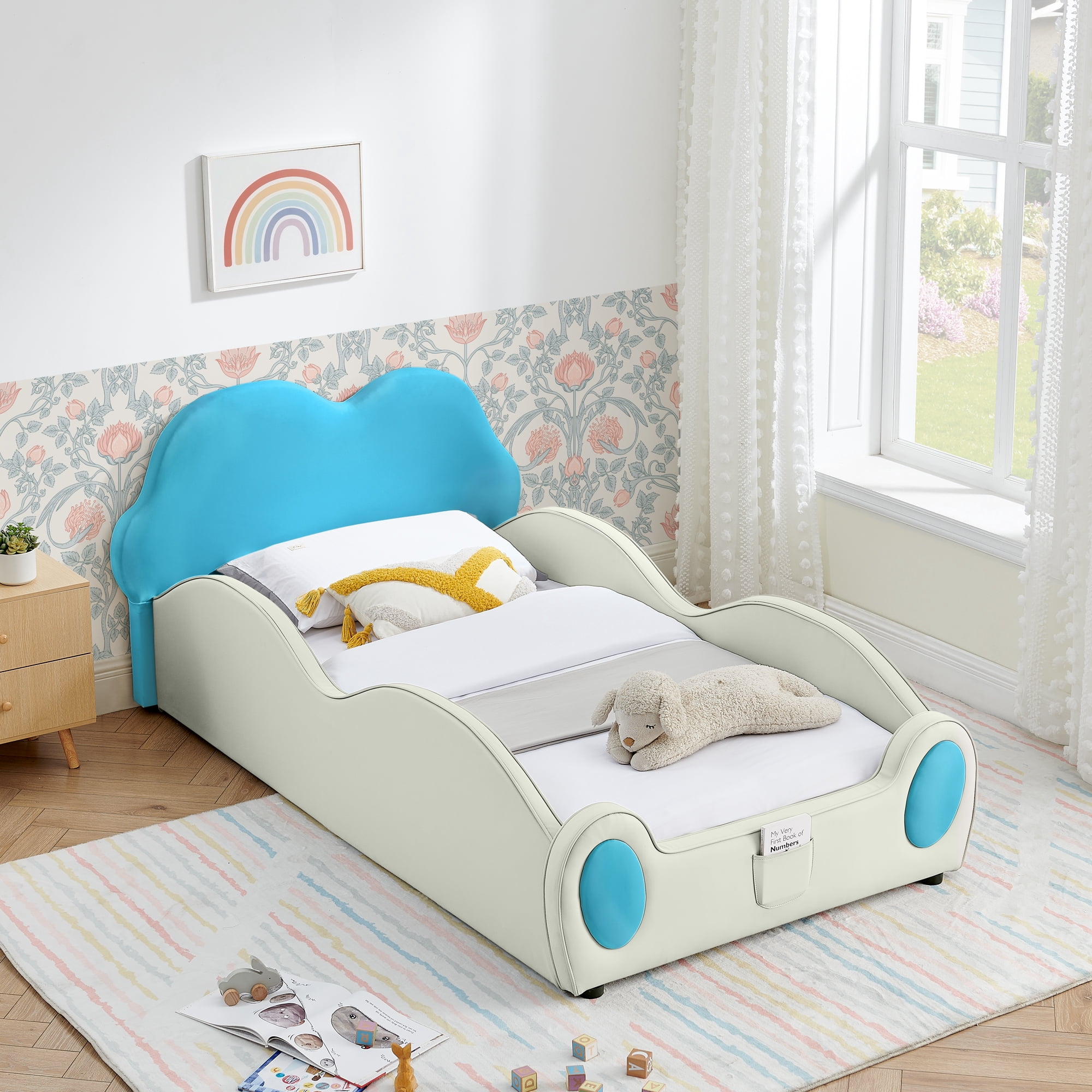 avobird Twin-Size PU Leather Children's Bed with Cute Cloud Design (with Guardrails), Safe & Cartoon Themed Kids Bed in Beige & Blue, Includes Storage Pocket
