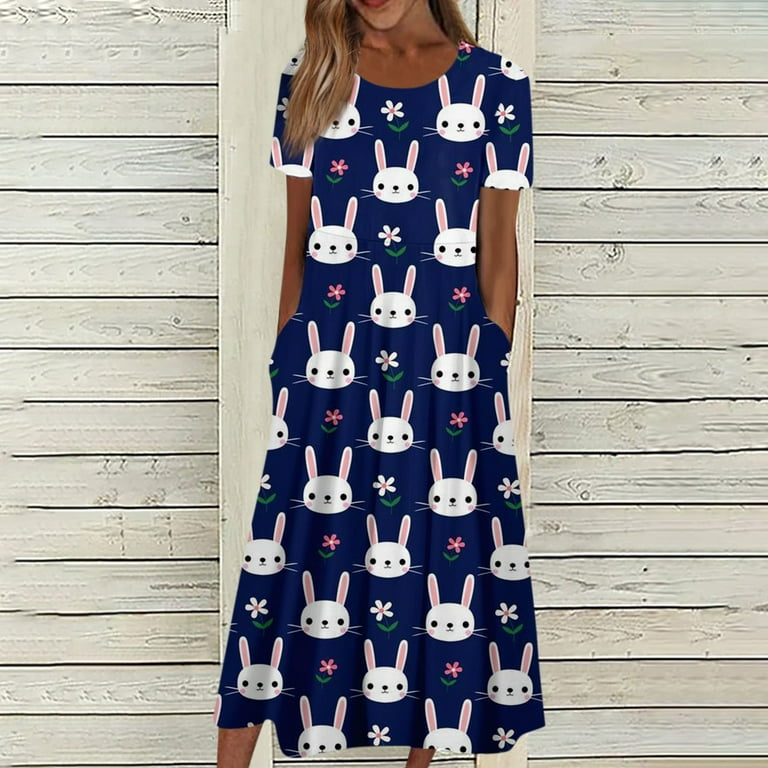 YDKZYMD Easter Dresses for Women for Church Happy 2024 Boho Tank Dresses  Egg Printed Bunny Family Party Holiday Midi Dress Graphic Rabbit Short  Sleeve